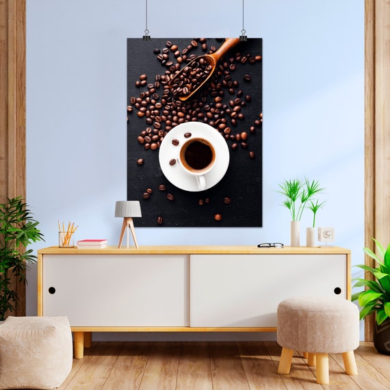 Coffee Beans & Cups Poster — Rustic kitchen wall art, barista photo print, coffee shop decor, warm tone coffee photography