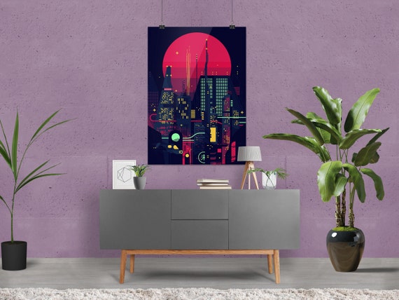 Synthwave Neon City (Bladerunner 1982 style) [synthwave/vaporwave/cyberpunk] — aesthetic poster, retrowave poster, movie poster [inches]
