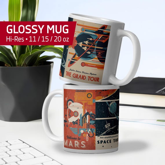 Retro Space Travel Mug — White Glossy Mug. 1950s Sci-Fi Poster Art, Vintage NASA Planet Design, Atomic Age Illustration, Gift for Him