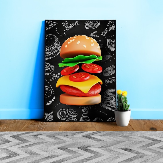 Burger Poster — Plastic 3D Food Kitchen Poster, Blackboard Photo Art, Aesthetic Minimalist Wall Decor