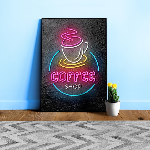 Retro Neon Food Sign Poster: Coffee — Neon Food Sign. Wall Art for Kitchen or Cafe Decor, Restaurant Print Gift