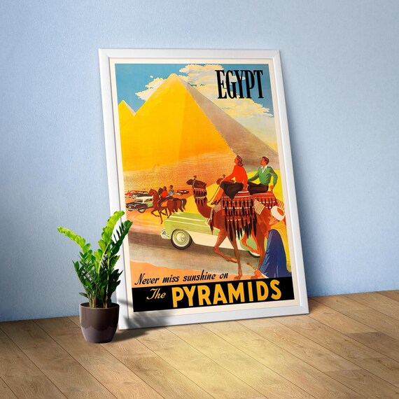 Egypt, Cairo. Pyramids, Giza and camels, 1950s poster — Retro travel art print, Vintage travel poster, retro travel wall decor