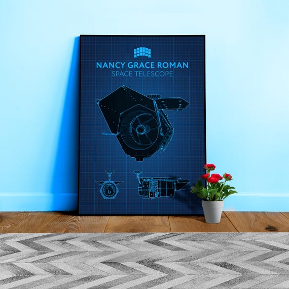 Nancy Grace Roman Telescope Blueprint Poster, 3 view — NASA NGRST Space Print, Futuristic Science Wall Art, Space Blueprint Decor