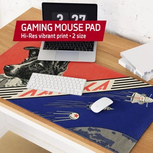 Laika, Soviet space dog, USSR retro print — Gaming Mouse Pad. USSR Retro Desk Mat, Vintage Space Race Mousepad, Cosmonaut Sci-Fi Gift