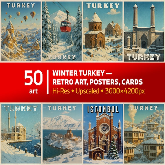 Winter Turkey, Retro New Year posters/cards: Digital Download – 40 Retro Holiday Posters from Turkey, Hi-Res 2026 Printable Xmas Art Bundle