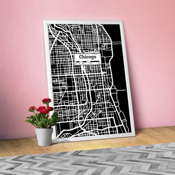 Chicago, Hand Drawn City Map Poster — Black White Modern Urban Art, Print for Travel Lovers and Minimalist Wall Decor, Black city poster
