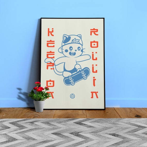Anime poster: Keep on rollin/ Cat Skater — vaporwave poster, sport poster, manga art print, Japanese space wall art, Japan poster, 80s print