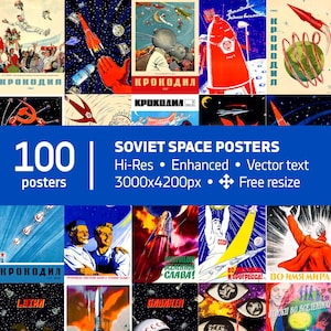 Digitaler Download Poster Bundle, 100 Retro Hauptposter der Sowjetunion, UdSSR 1960s — Raumhund Laika Poster, Gagarin Druck, Sputnik Wandkunst