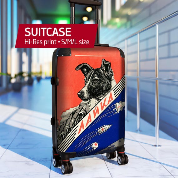 Laika Space Suitcase — Suitcase, S/M/L size. Soviet space dog Travel Bag, Retro 1960s USSR Rocket Art, Space Animal Gift, Hard Shell Luggage
