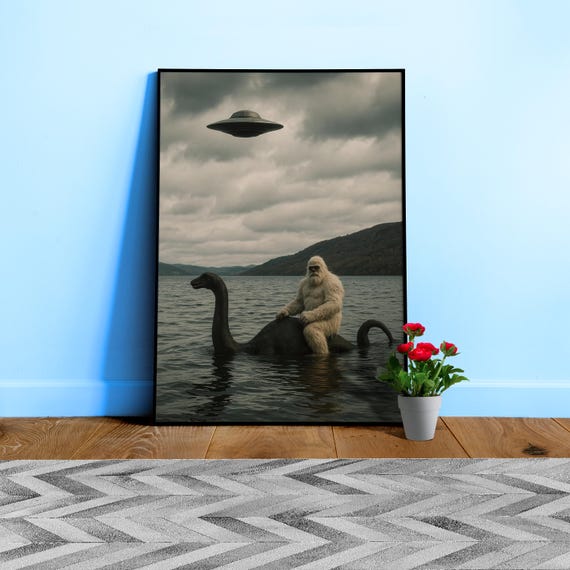 UFO conspiracy poster with Sasquatch/Bigfoot/Yeti and Loch Ness Monster — Aliens X-Files paranormal vintage cryptid wall art, sci-fi decor
