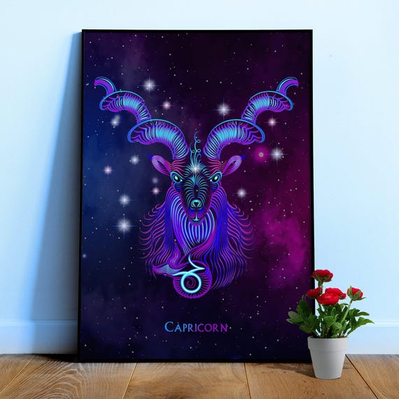 Capricorn — Zodiac neon sign poster, astrology poster, neon poster, space poster, synthwave, retrowave