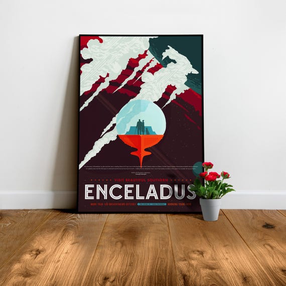 Enceladus, Saturn space travel poster — Retro space poster. Vintage space travel art 1950s, Retro sci-fi wall decor 1940s and nerdy gift