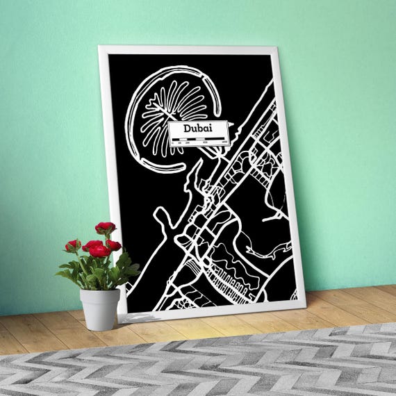 Dubai, Hand Drawn City Map Poster — Black White Modern Urban Art, Print for Travel Lovers and Minimalist Wall Decor, Black city poster
