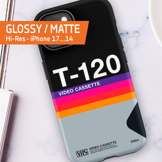 VHS cassette case · T-120 [retrowave/vaporwave] — Tough Case for iPhone 17/16/15/14/13 (Glossy/Matte). 80s iPhone case. Retro phone case