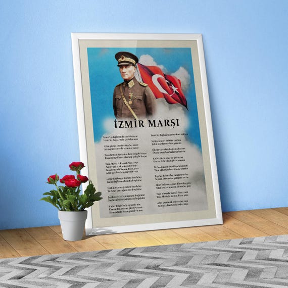 Izmir Marsi Poster – Turkish Patriotic Anthem art print with flag and Ataturk, 1920s 1930s Turkey inspiring Patriotic Wall decor