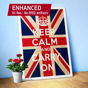 Keep Calm and Carry On with UK flag, 1939 — Vintage poster, Retro print, Propaganda poster, quote wall art, inspirational print
