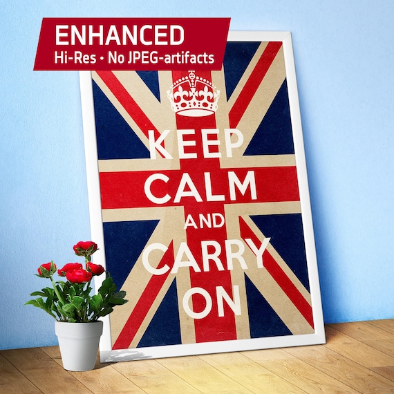 Keep Calm and Carry On with UK flag, 1939 — Vintage poster, Retro print, Propaganda poster, quote wall art, inspirational print