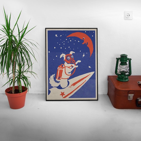 Laika, first space dog, USSR 1950s — Soviet vintage space poster, Soviet retro art print with propaganda, nerdy gift for him