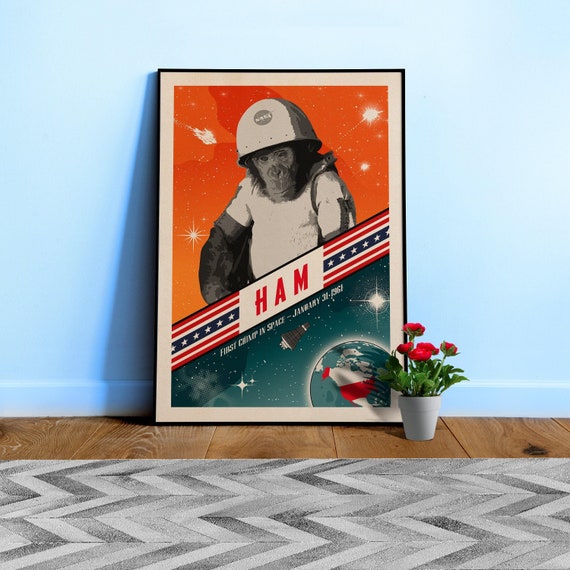 Ham, First chimp in space, USA, 1961 — Vintage space poster, retro space art, propaganda poster, retrofuturism