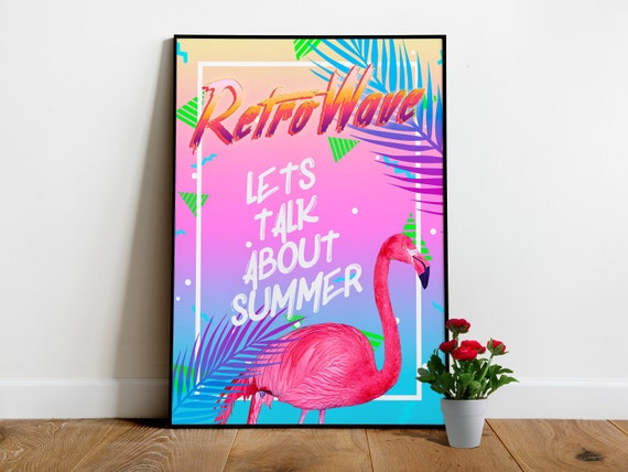 Retrowave poster: Summer and flamingo [retrowave/vaporwave/synthwave] — aesthetic poster, retrowave art print, neon poster, 80s poster