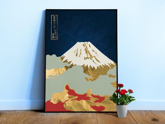 Golden landscape with Fuji mountain — Japanese golden poster. Ukiyo-e travel art print, aesthetic wall decor, landscape wall art