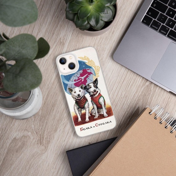 Belka and Strelka. Space dogs (Soviet vintage space poster) — Space iPhone Case (iPhone 13/12/11 case). Space phone case. Soviet iPhone case