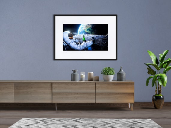 Astronaut on the Moon with beer — Matte Paper Framed Poster With Mat. Space poster, sci-fi space collage, science gifts, nerdy gifts