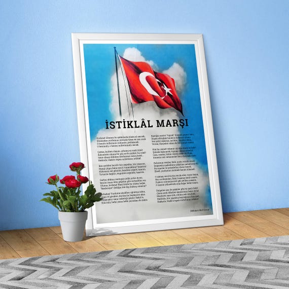 İstiklâl Marşı Poster – Turkish National Anthem Print with Flag. Ataturk Era 1920s 1930s Patriotic Wall Art, Mehmet Akif Ersoy