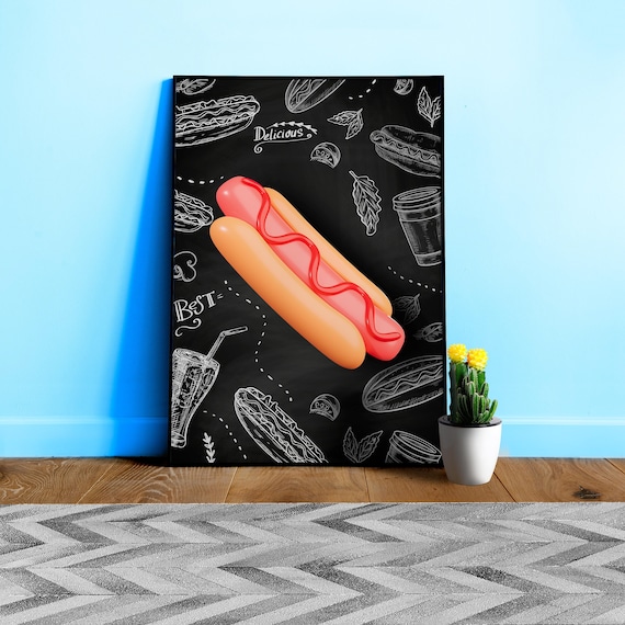 Hot Dog Poster — Plastic 3D Food Kitchen Poster, Blackboard Wall Art, Aesthetic Minimalist Print