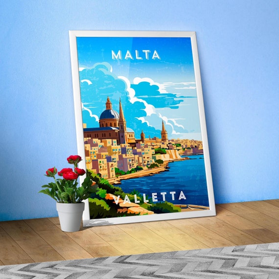 Malta, Valletta — Retro travel minimalist poster, retro travel art, retro travel wall art, vector art