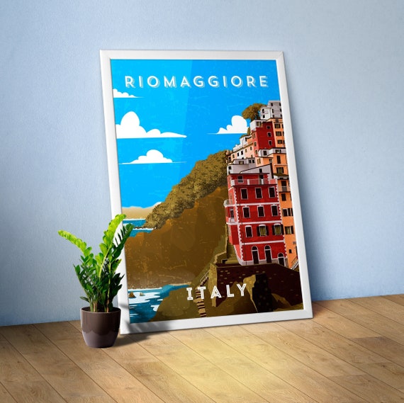 Riomaggiore, Italy — Retro travel minimalist poster, retro travel art, retro travel wall art, vector art