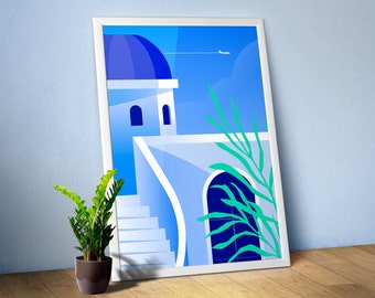 Boho wall art: Santorini, Greece blue poster with jet #4 — boho wall decor, aesthetic poster, boho home decor, abstract art, travel poster