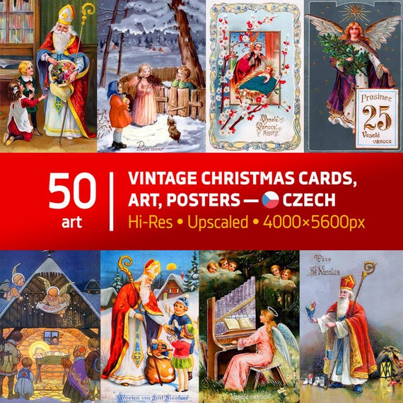 Vintage Czech Christmas Cards: Digital Download – 50 Retro Holiday Cards from Czech, Veselé Vánoce St. Nicolas Xmas Art Bundle