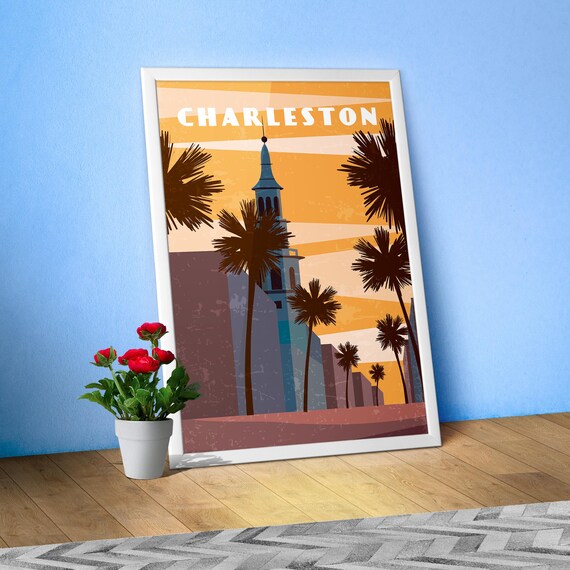 Charleston, USA — Retro travel minimalist poster, retro travel art, retro travel wall art, vector art