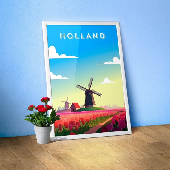 Netherlands/Holland — Retro travel minimalist poster, retro travel art, retro travel wall art, vector art