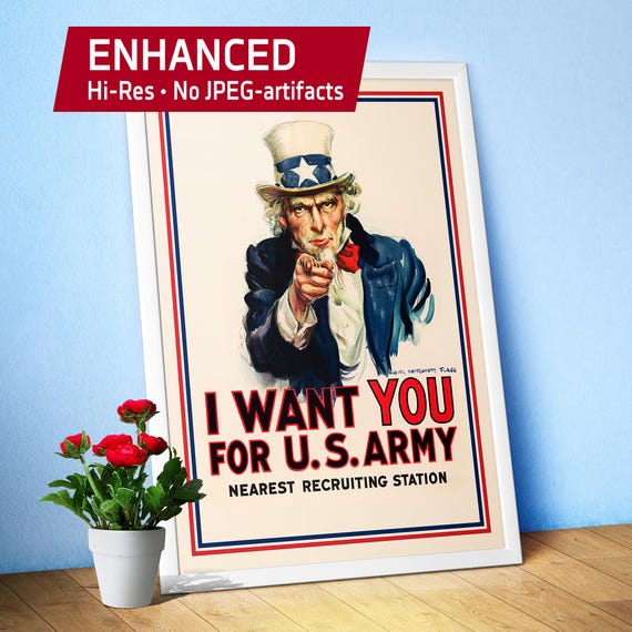 I want you for U.S. Army (Uncle Sam). USA, WW1, 1917 — vintage poster, Retro print, propaganda poster, quote wall art, inspirational print