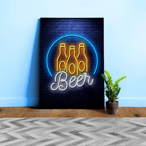 Beer Neon Sign Poster — Retro bar wall art, glowing pub decor, kitchen print for beer lovers, neon drink sign