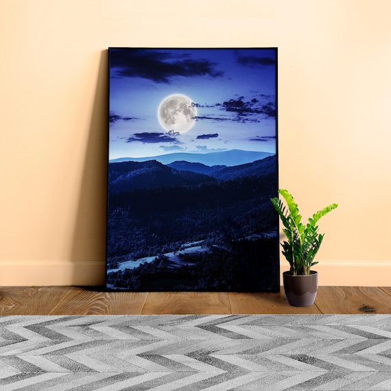 Full Moon wall art – Forest and Mountain Moon photography prints. Moon Over Horizon Night Landscape poster