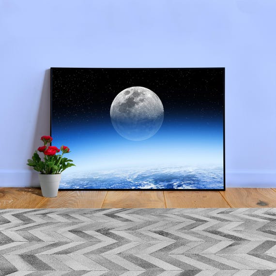 Full Moon Poster – Ultra Detailed Full Moon Over Earth Horizon. Space Art Prints from Orbit, Cosmic wall art decor