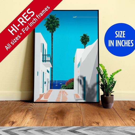 Santorini, Greece — City Pop art, retrowave/vaporwave poster, 80s, aesthetic poster, Hiroshi Nagai inspired art, minimalist poster [inches]