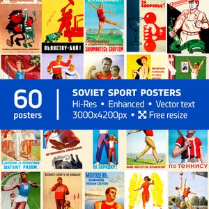 Op de afbeelding: Een verzameling van 60 vintage Sovjet-sportposters met atleten, slogans en afbeeldingen die lichaamsbeweging promoten. De posters zijn in verschillende kleuren, waaronder rood, blauw, geel en groen. De tekst op de posters is in het Russisch en bevat zinnen als "Sovjet-sportposters", "Hoge resolutie", "Verbeterd", "Vectortekst", "3000x4200px" en "Gratis formaat wijzigen".
