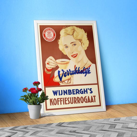 Dutch Coffee Poster — 1950s vintage kitchen wall art, retro Holland café print, European coffee ad, mid-century decor