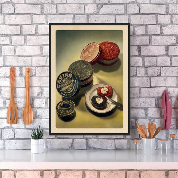 Soviet black caviar, USSR 1952 — Soviet vintage food poster, kitchen prints, retro art print, propaganda poster