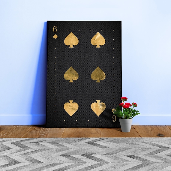 Six of Spades poker poster — Golden playing cards print, aesthetic wall art, gamer room decor, lucky you print, bar decor