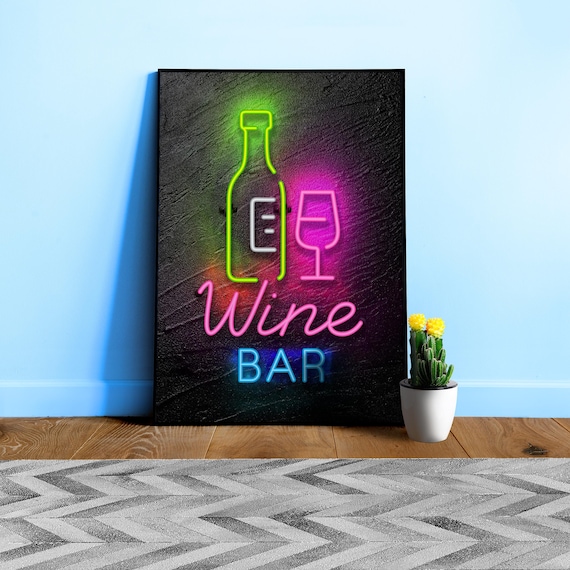 Retro Neon Food Sign Poster: Wine Bar — Neon Food Sign. Wall Art for Kitchen or Cafe Decor, Restaurant Print Gift