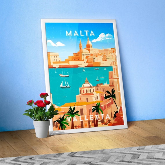 Malta, Valletta — Retro travel minimalist poster, retro travel art, retro travel wall art, vector art