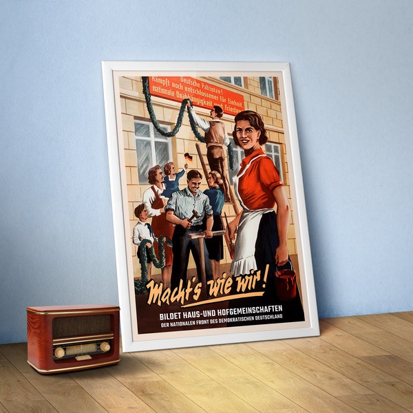 Macht's wie wir! - Kollektive Aufbaustimmung. GDR/DDR 1965 — Soviet vintage poster. Soviet retro art, propaganda poster