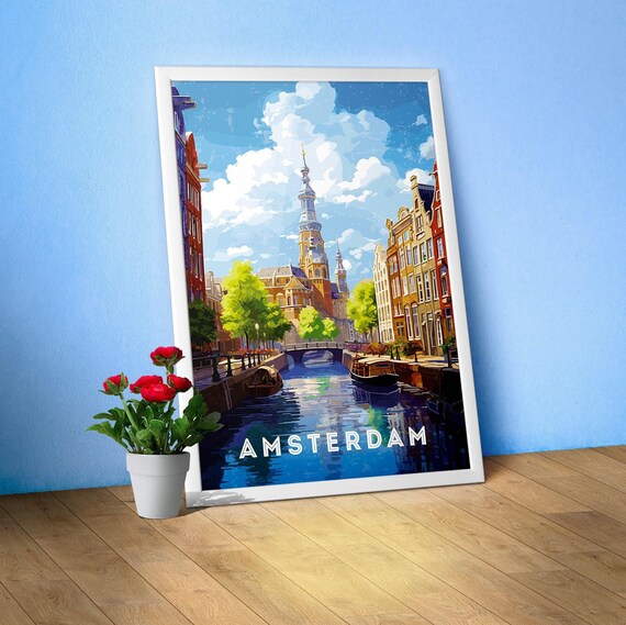Amsterdam, Netherlands/Holland — Retro travel minimalist poster, retro travel art, retro travel wall art, vector art