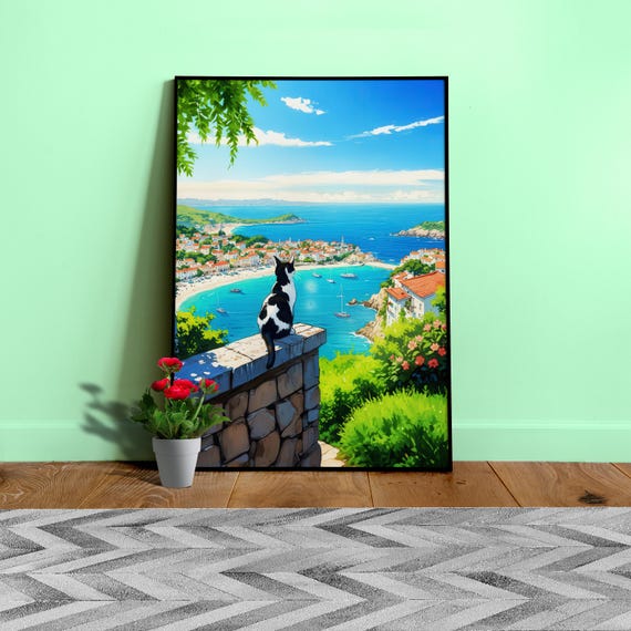 Black and White Cat Poster – Mediterranean Coastal Wall Art / Italian Seaside Print, Cat Lover Home Decor, Tranquil Travel Art