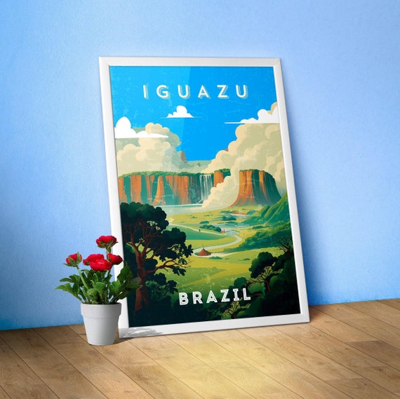 Iguazu Falls, Brazil — Retro travel minimalist poster, retro travel art, retro travel wall art, vector art